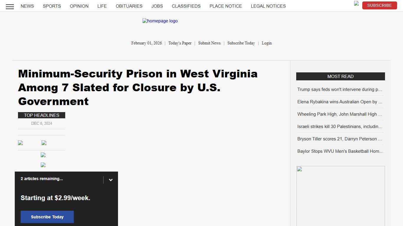 Minimum-Security Prison in West Virginia Among 7 Slated for Closure by U.S. Government News, Sports, Jobs - The Intelligencer