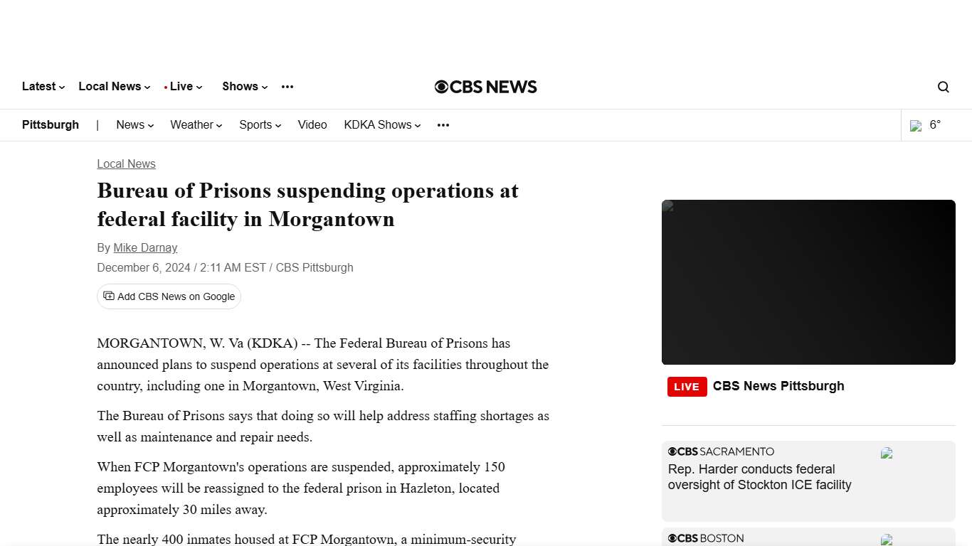 Bureau of Prisons suspending operations at federal facility in Morgantown - CBS Pittsburgh